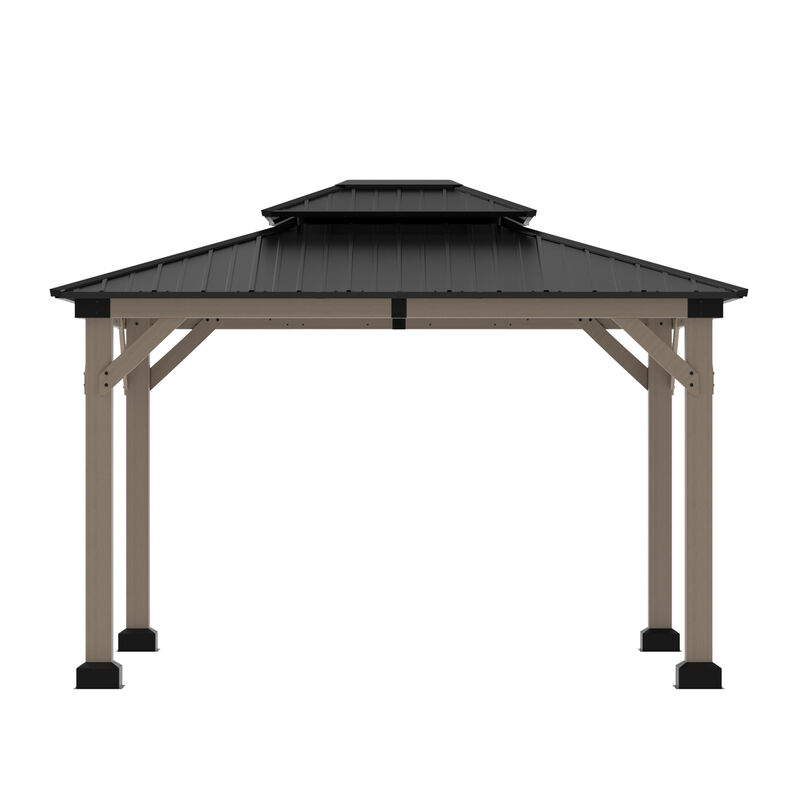 MONDAWE 10 ft. x 12 ft. Outdoor Cedar Wood Frame Outdoor Gazebo Galvanized Steel Hardtop Canopy Outdoor Shade for Deck Garden Concrete Platform