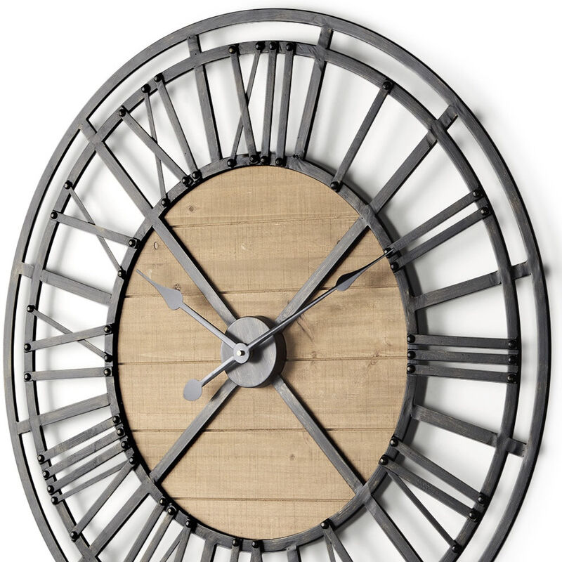 HomeRoots 30" Black And Natural Iron And Wood Analog Round Wall Clock image number 2