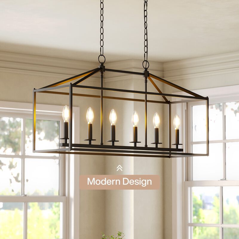 Six-Light Farmhouse Kitchen Island Chandelier, Black Candle Cage image number 7