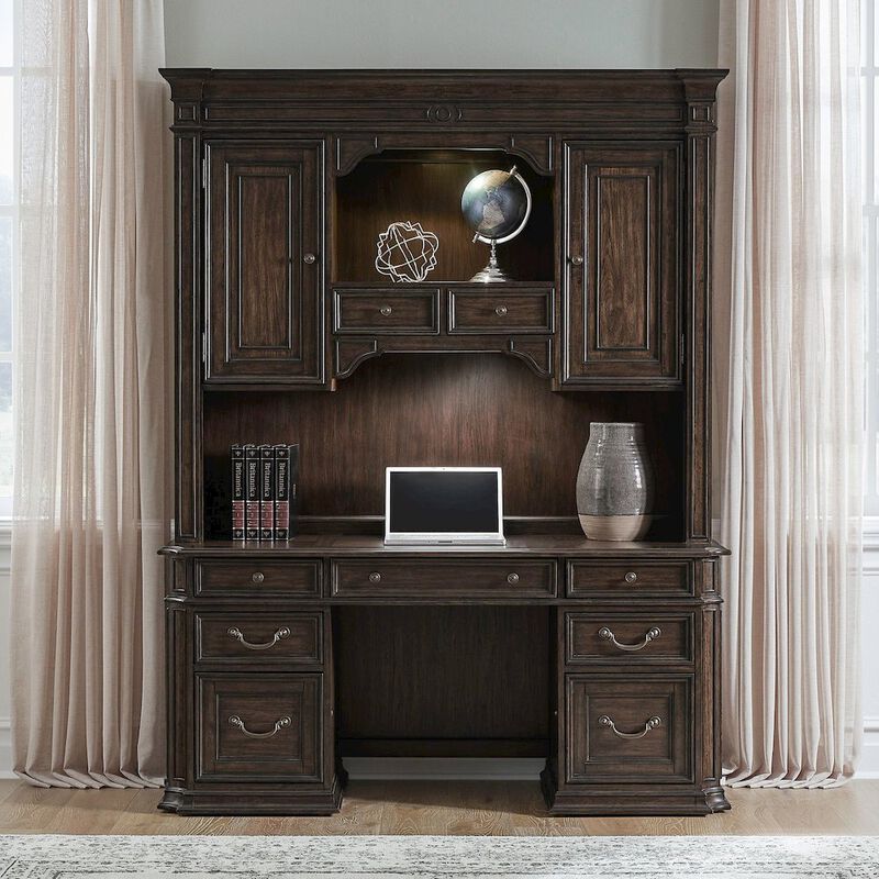 Liberty Furniture Credenza & Hutch Desk Set with LED Touch Light Locking File Drawers image number 1