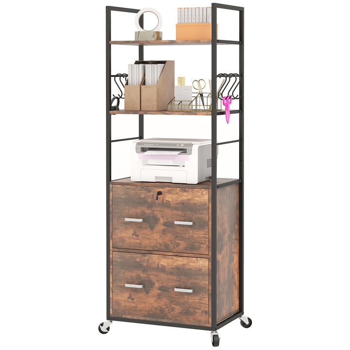 Vinsetto 2 Drawer File Cabinet with Key, Mobile Filing Cabinet with Adjustable Hanging Bar for Letter, A4 and Legal Size Paper, Printer Stand with Storage Shelves, 8 Hooks, Rustic Brown