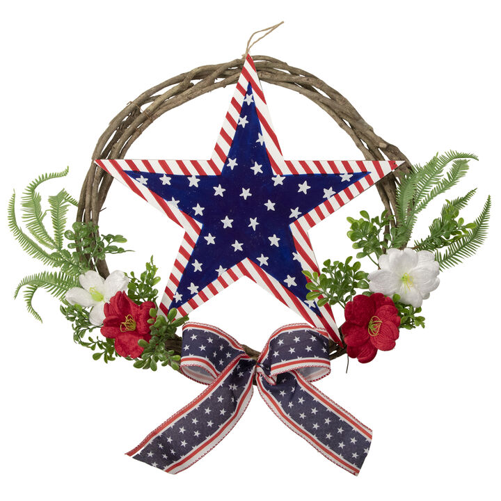 Americana Star and Mixed Floral Patriotic Wreath  24-Inch  Unlit