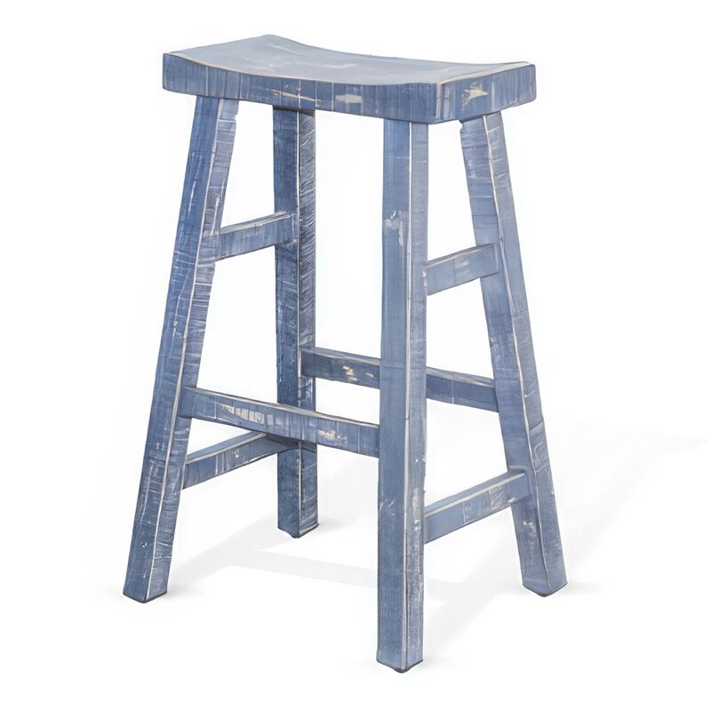 Rena Barstool Set of 2, Saddle Style Seat, Ocean Blue Mahogany Wood - Benzara