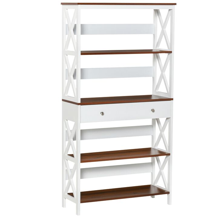 White Modern Shelving: 4-Tier Bookcase with Drawer and X-Bar