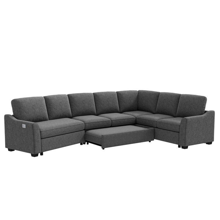129.5" Sectional Sleeper Sofa with Pull-Out Bed Modern L-Shaped Couch Bed with USB Charging Port for Living room, Bedroom, Gray