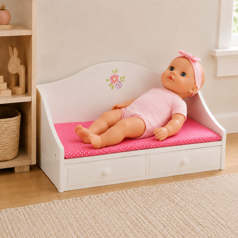Olivia's Little World Doll Trundle Bed with Pink Bedding for 18" Dolls, White Doll Furniture, 2 interchangeable cushions (White and Polka Dot), Sliding Drawer image number 5