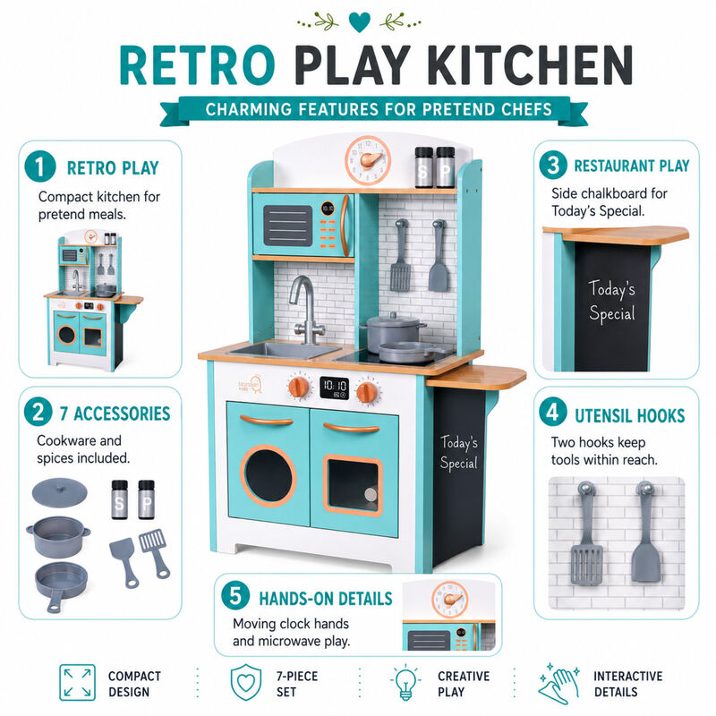 Teamson Kids Little Chef Santos Retro Small Play Kitchen with stove, Microwave, Oven, Chalkboards and 7 Accessories image number 2