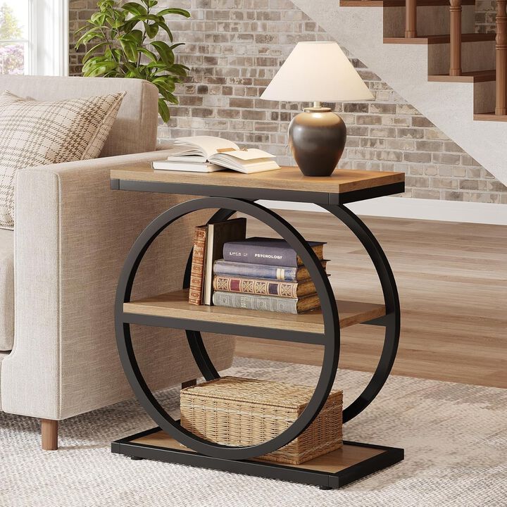 Tribesigns 3-Tier End Table, Industrial Side Table with Round Metal Frame, Narrow Nightstand for Bedroom, Sofa Side Table with Storage Shelves for Living Room, Slim Small Table, 50 lb Capacity