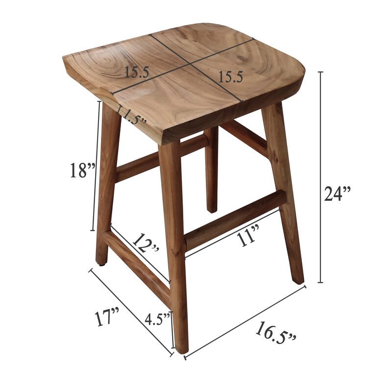 Tisa 24 Inch Backless Counter Height Stool, Handcrafted Saddle Seat in Natural Brown Acacia Wood image number 4