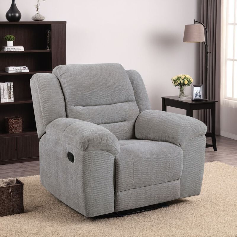 Gilo Manual Glider Recliner Armchair, 46 Inch Light Gray, Pillow Top - Benzara