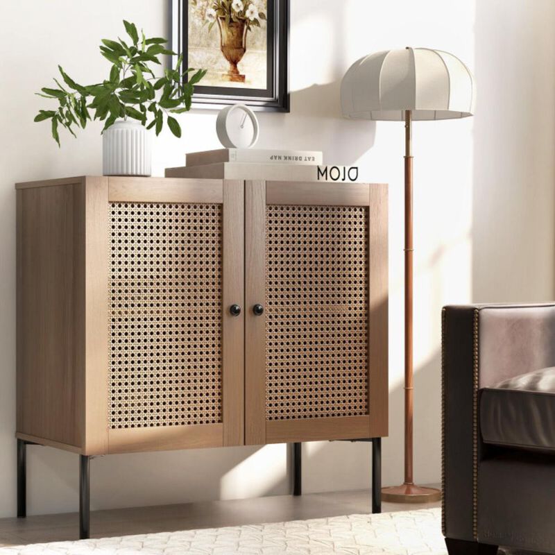 Hivvago Kitchen Sideboard with 2 Rattan Doors and Adjustable Shelf