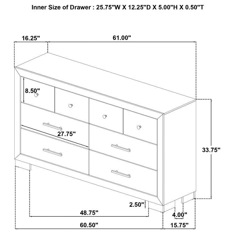 Poxy Wide Dresser with 6 Drawers, Nickel Metal, Oak Brown Wood image number 7