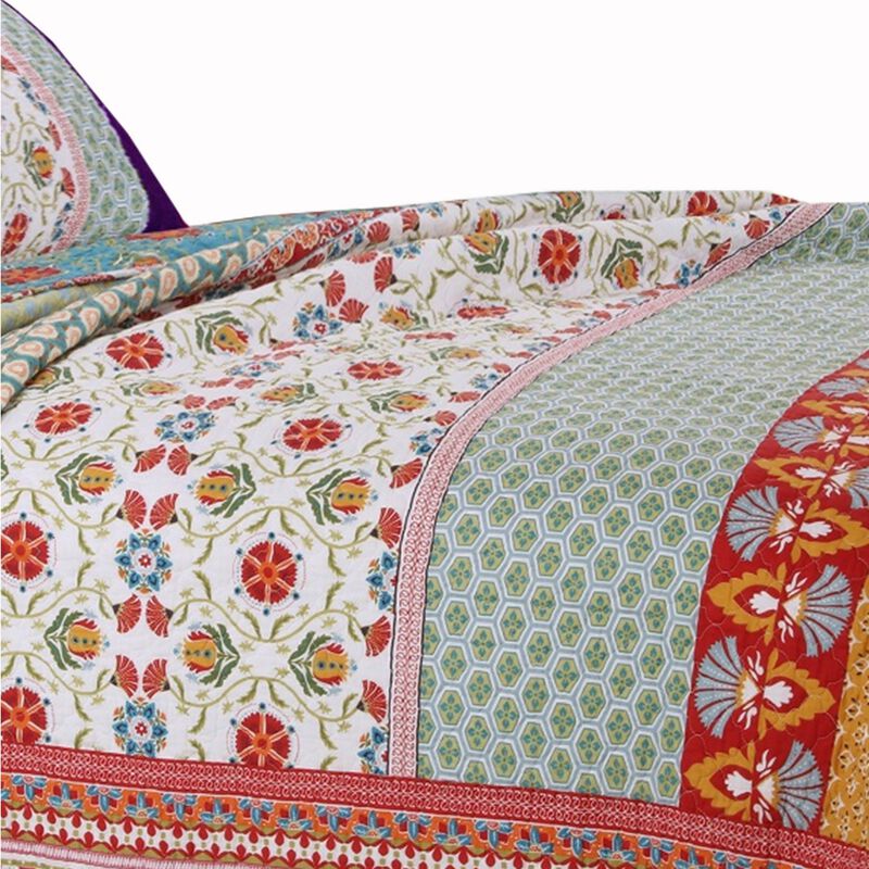 Geometric and Floral Print Twin Size Quilt Set with 1 Sham, Multicolor - Benzara