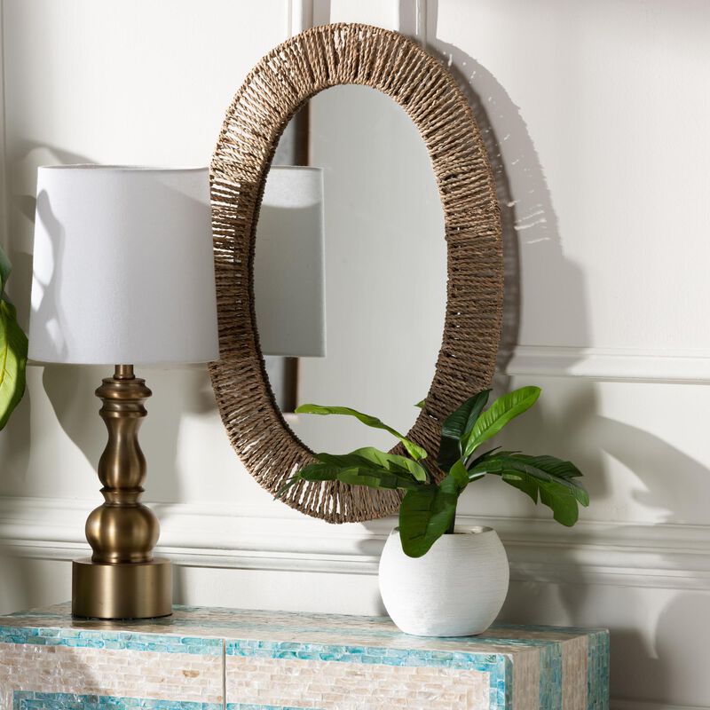 bali & pari Elwyn Modern Bohemian Metal and Natural Brown Seagrass Accent Wall Mirror