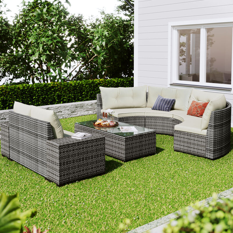 Merax 8-pieces Outdoor Wicker Round Sofa Set，Curved Sofa Set With Rectangular Coffee Table