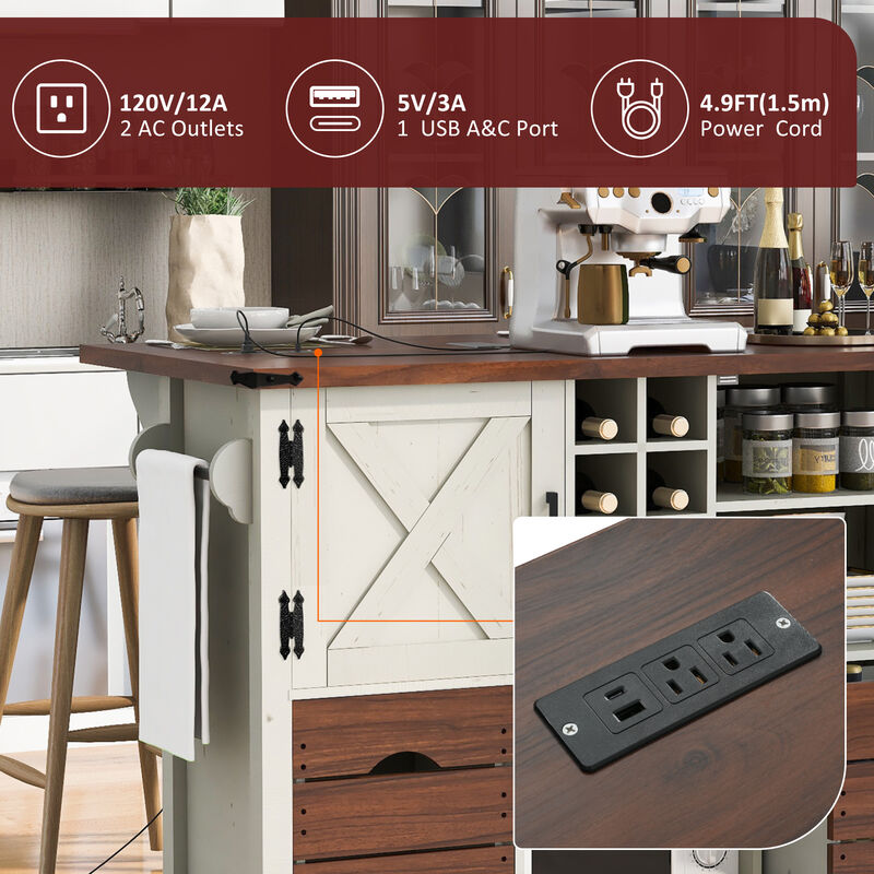 Whisen 54" Farmhouse Kitchen Island with 2 Drawers, Power Outlet & Adjustable Shelves, MDF for Kitchen & Dining image number 6
