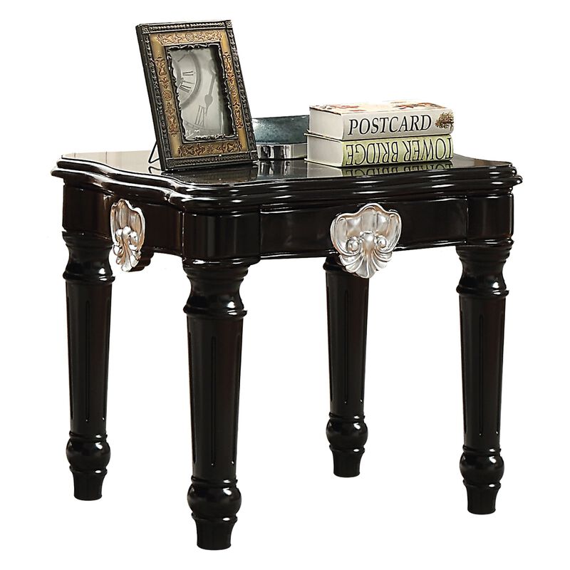 Wooden End Table With Contrast Carved Motif Turned Legs, Black image number 0