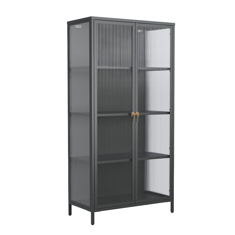 Glamour Home 63.05-inch Black Two Door Storage Cabinet Fluted Clear Doors and Gold Handles