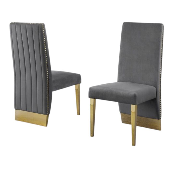 Set of 2 Dark Grey Velvet Tufted Side Chairs with Gold Legs and Nailhead Trim