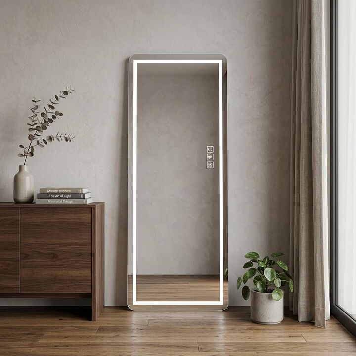 HomeRoots 64" Black Aluminum Lighted Wall Mounted And Freestanding Framed Full Length Mirror
