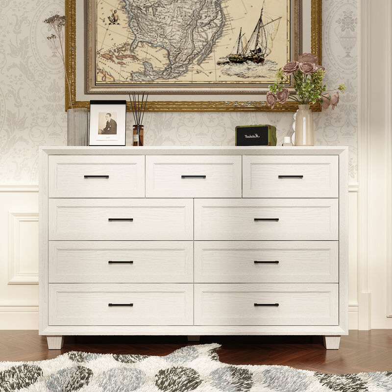 FUFU&GAGA White Wood Grain Storage Cabinet with Beveled Edge & Thickened Design, 9-Drawer Organizer, for Living Room , 60 in. W x 20.1 in. D x 39.8 in. H