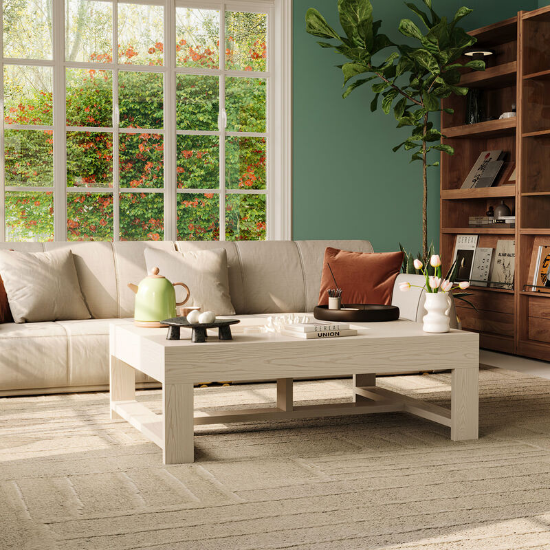 FUFU&GAGA Modern White Wood Coffee Table &ndash; Solid Wood, Spacious Tabletop with Built-in Storage, Sturdy Frame (47.2" W x 35.4" D x 15.8" H), White