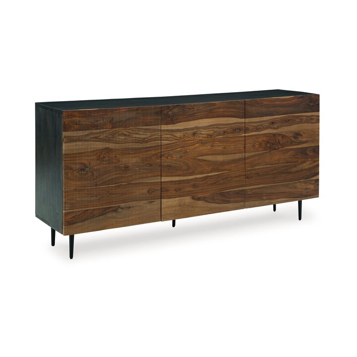 Sideboard Cabinet Console, 3 Grooved Brown Sheesham Wood 64 Inch - Benzara