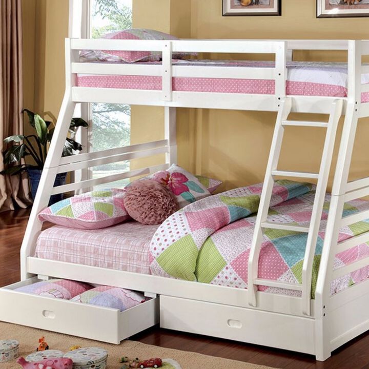 Twin Over Full Wooden Bunk Bed with Storage, White-Benzara