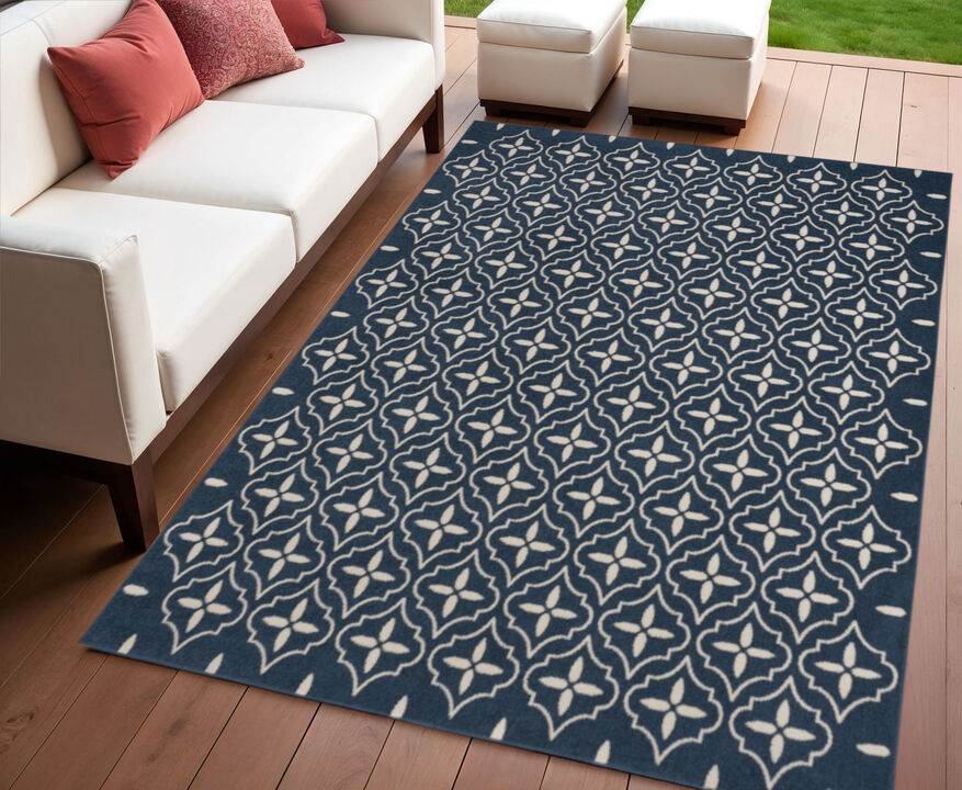 HomeRoots 4' X 6' Navy Blue And Ivory Geometric Indoor Outdoor Area Rug
