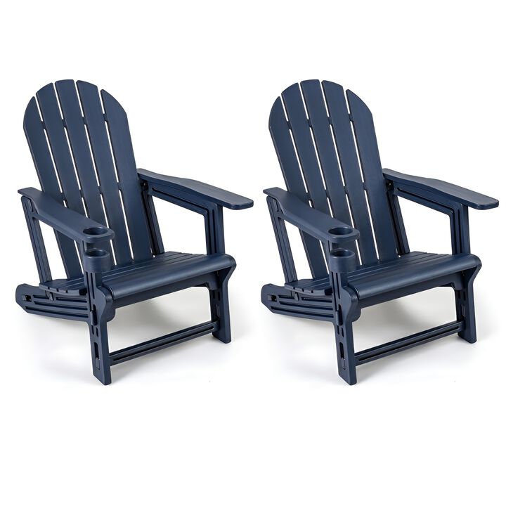 Set of 2 HDPE Adirondack Chairs with Cup Holder Wood Texture for Patio Seating