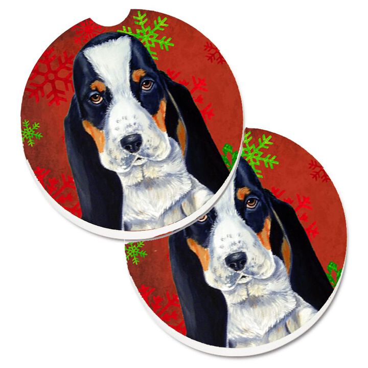 Caroline's Treasures Basset Hound Red & green Snowflakes Holiday Christmas Set of 2 Cup Holder Car Coasters LH9329CARC, 2.56, Multicolor