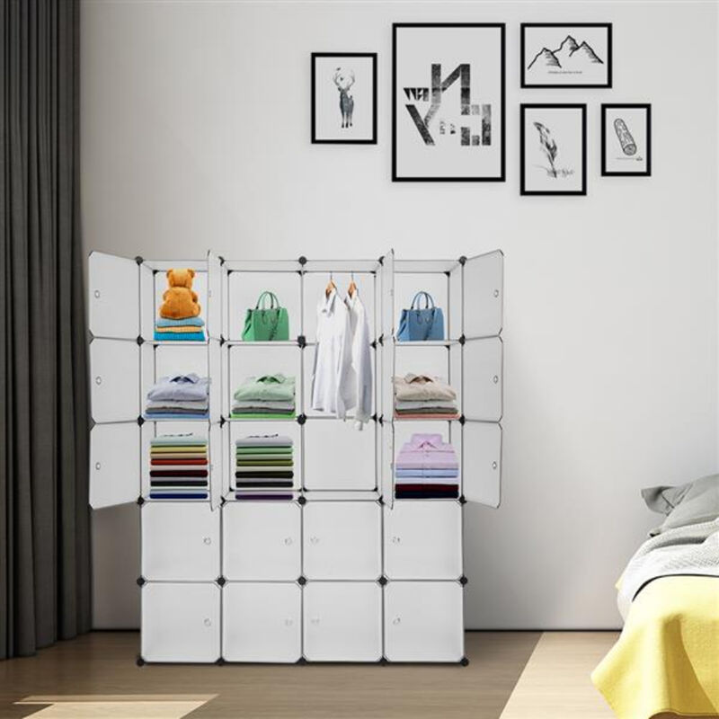 Multi-Functional 20-Cube Plastic Storage Shelves, Modular Closet Organizer with Hanging Rod & Doors