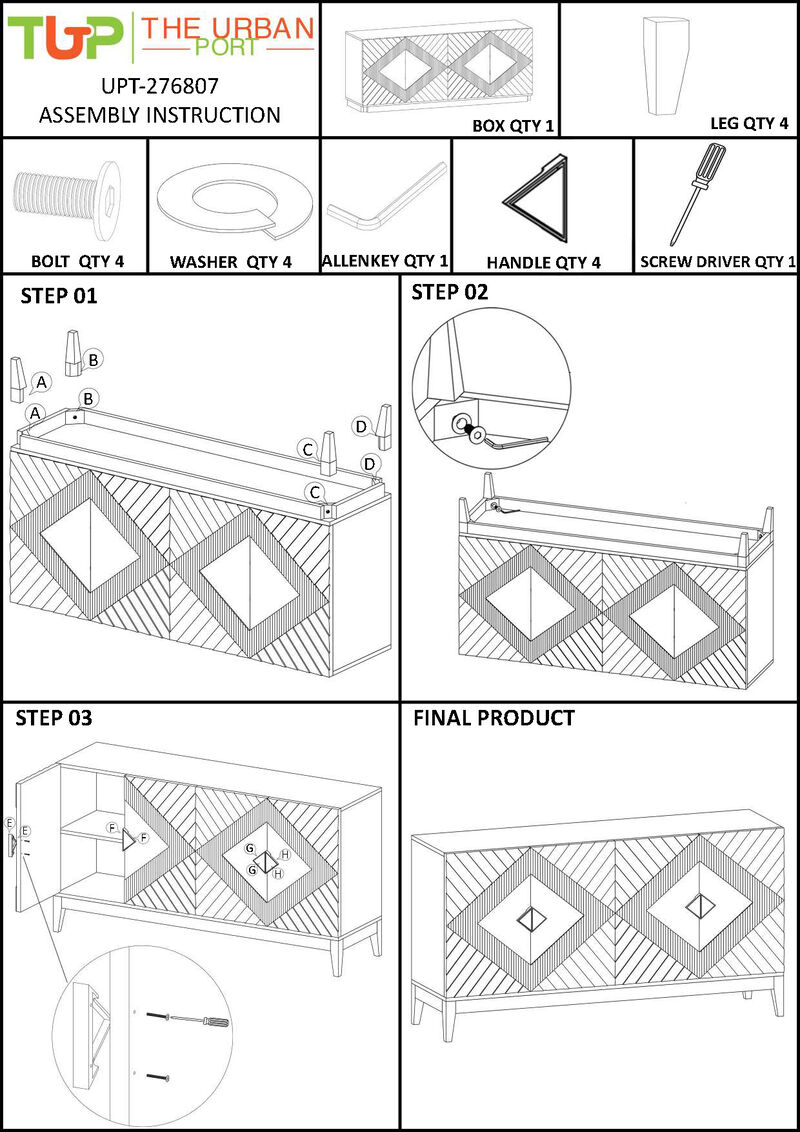 Abiel 55 Inch Mango Wood Sideboard Buffet Cabinet Console, 4 Doors, Inner Shelf, Ornate Diamond Carving, Gray