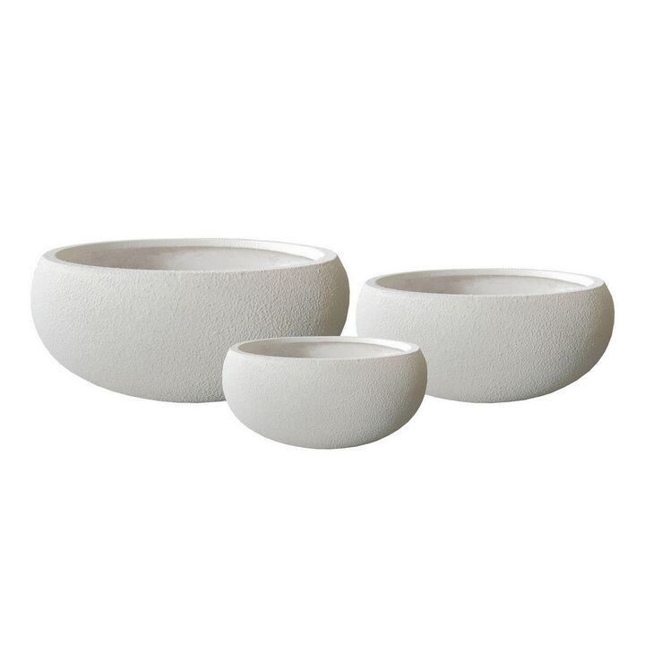 Keyan Accent Planter Set of 3, White Resin, Modern Smooth Bowl Shape - Benzara