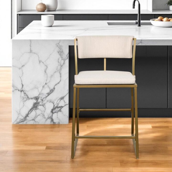 Hivvago 25 Inch Beige And Antiqued Brass Steel Low Back Counter Height Bar Chair