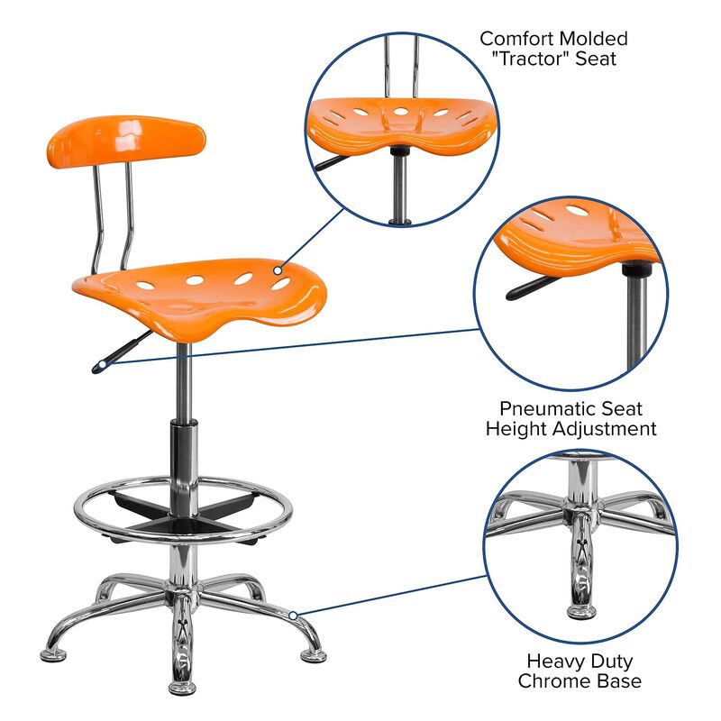 Flash Furniture Bradley Vibrant Orange and Chrome Drafting Stool with Tractor Seat