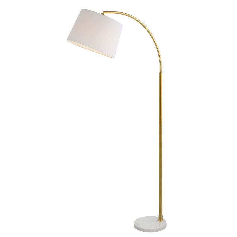 65 Inch Arc Floor Lamp with Adjustable Shade, Marble Base, Gold, White - Benzara