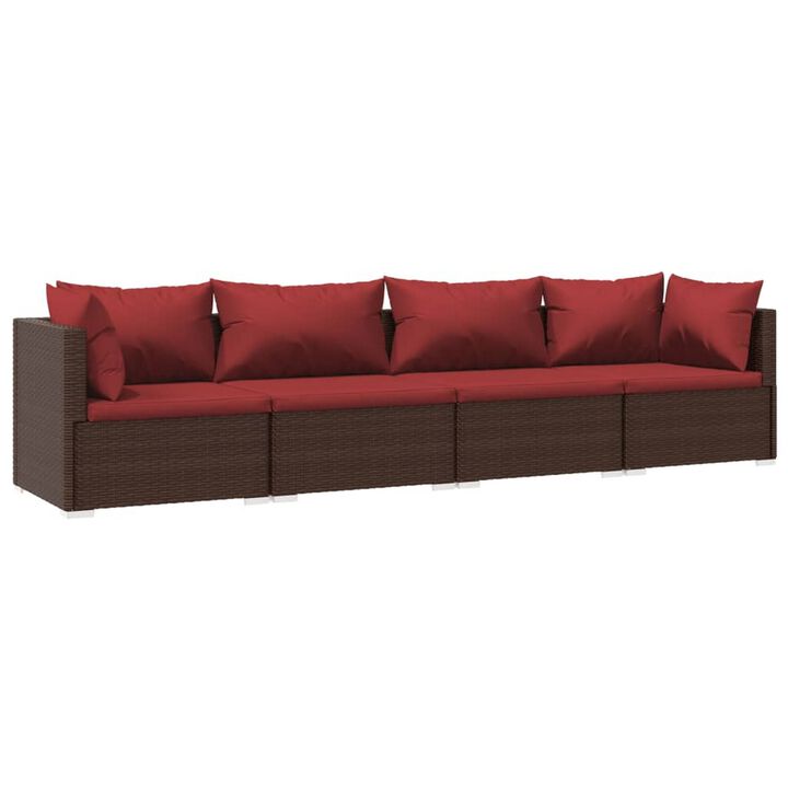 4pc Patio Sectional Sofa Set with 6 Pillows, 4 Cushions, Red Brown - Benzara