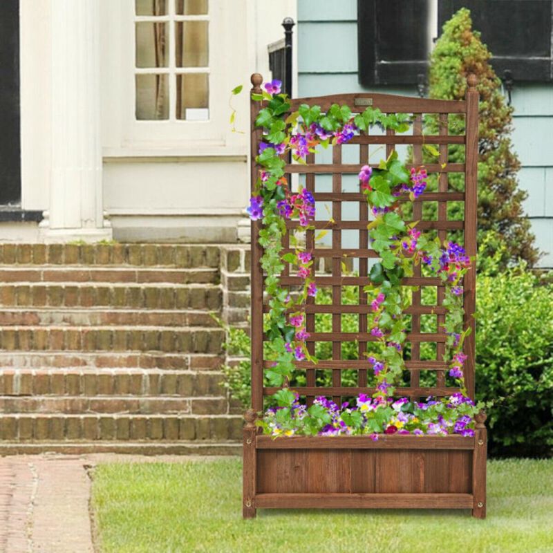 Hivvago Solid Free Standing Wood Planter Box with Trellis for Garden