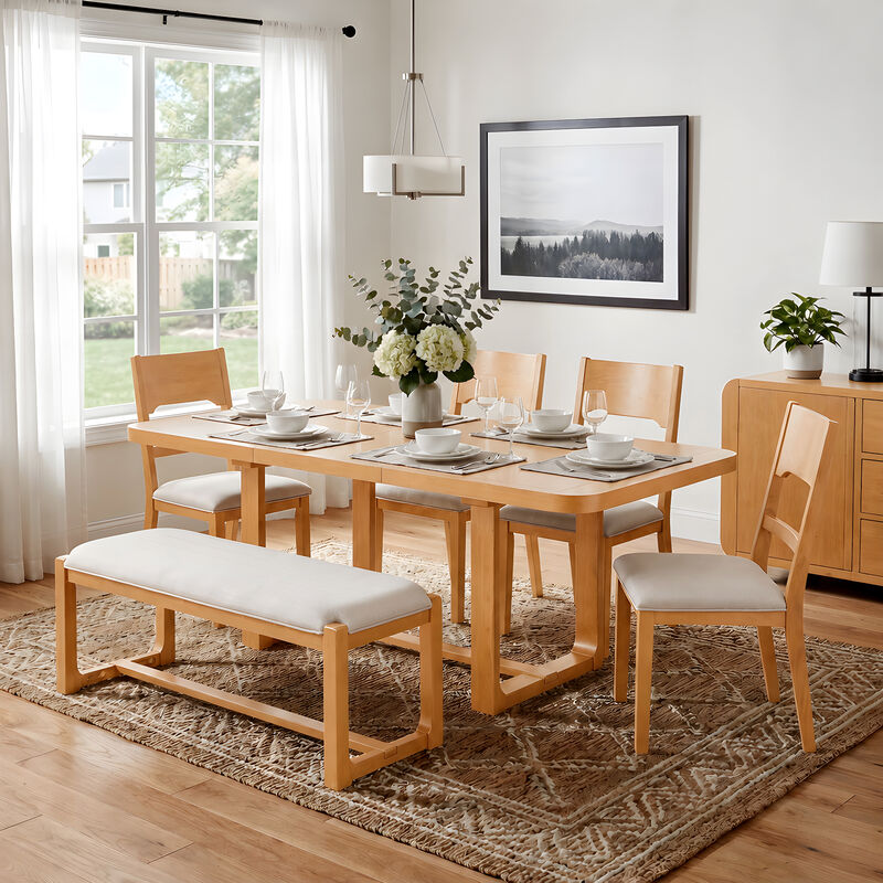 Merax Extendable Dining Table Set with 6 Seats, Solid Wood Construction, Padded Seating image number 2