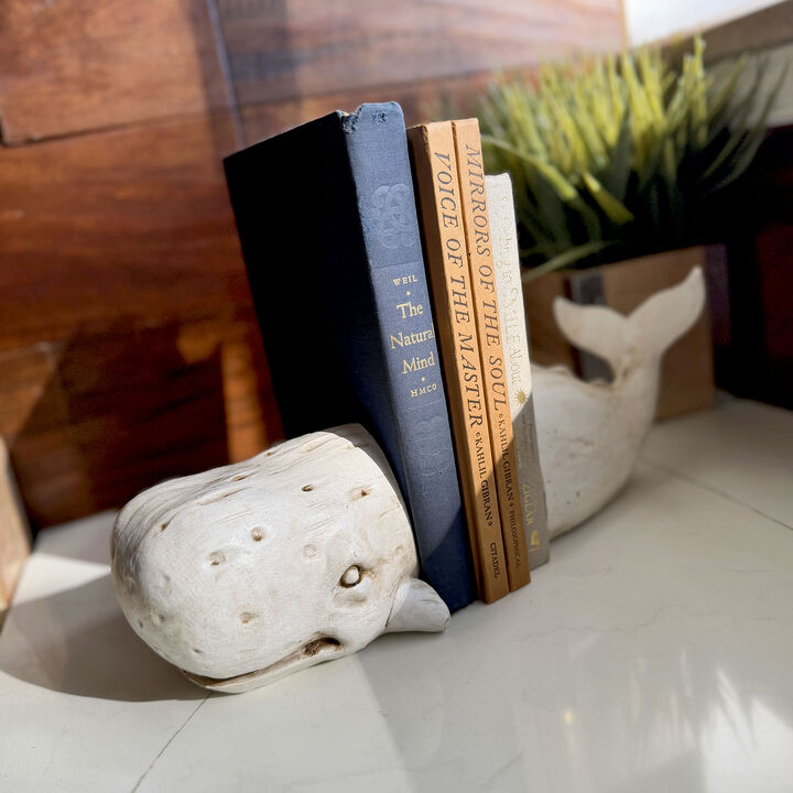 Sperm Whale Head & Tail Resin Bookend Set 10 inch Weathered Off White Coastal