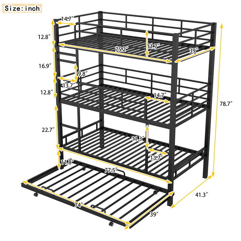 Whisen Metal Twin Size Triple Bunk Bed With Trundle- Black
