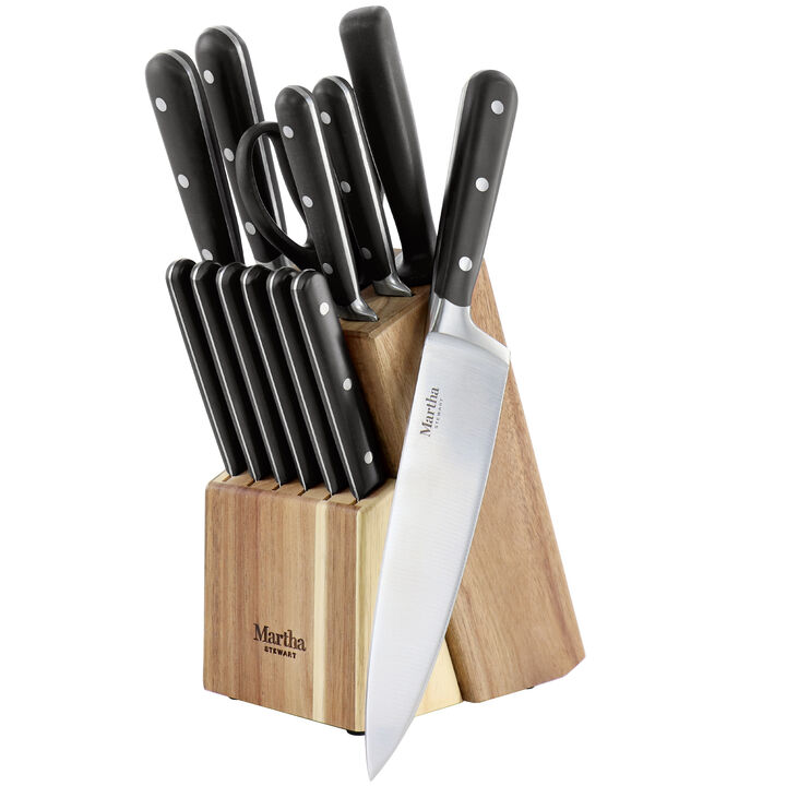 Martha Stewart 14 Piece Stainless Steel Cutlery Set in Black with Acacia Wood Storage Block