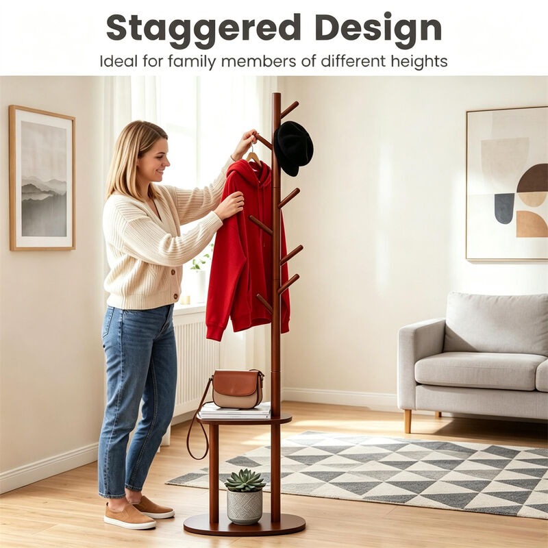 Freestanding Wood Coat Rack with 8 Hooks and 2 Shelves for Home Storage image number 5