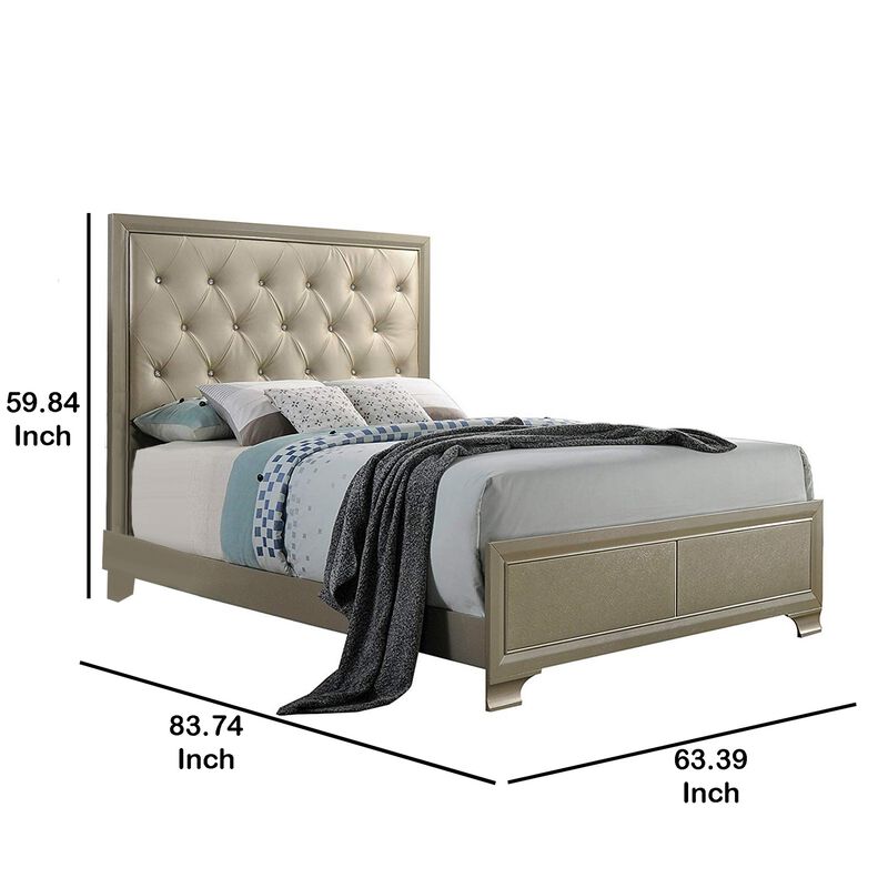 Wooden Queen Size bed with Bracket Legs and Faux Leather Tufted Headboard, Beige and Gold-Benzara image number 5