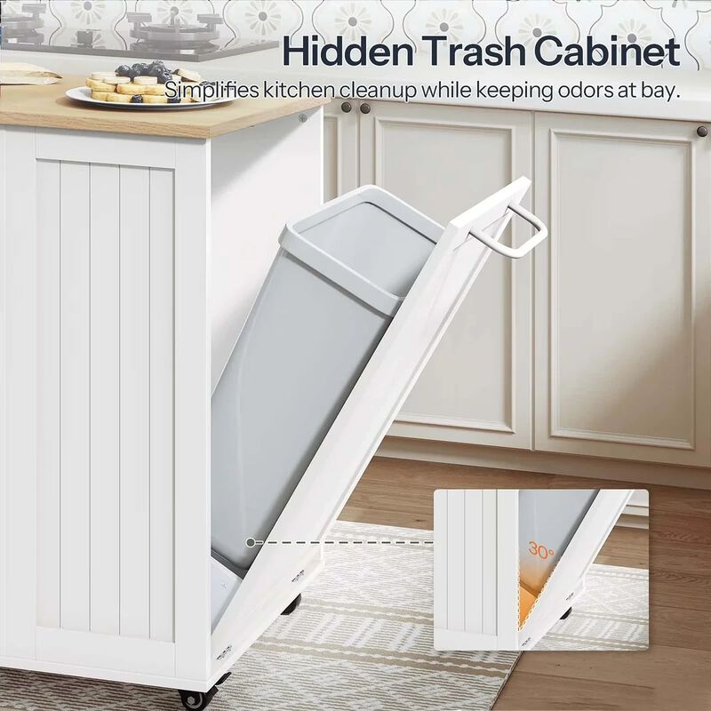 Portable Kitchen Island with Charging Station and Built-In Trash Cabinet-White image number 6