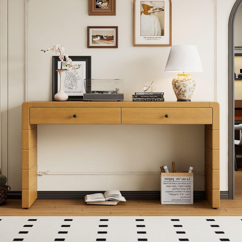 Curved Console Table with Storage, Wooden Entryway Table with 2 Drawers