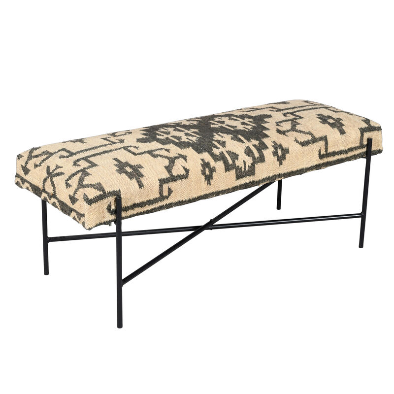 HomeRoots 48" Cream and Black Cotton Blend Upholstered Southwest Bench image number 2
