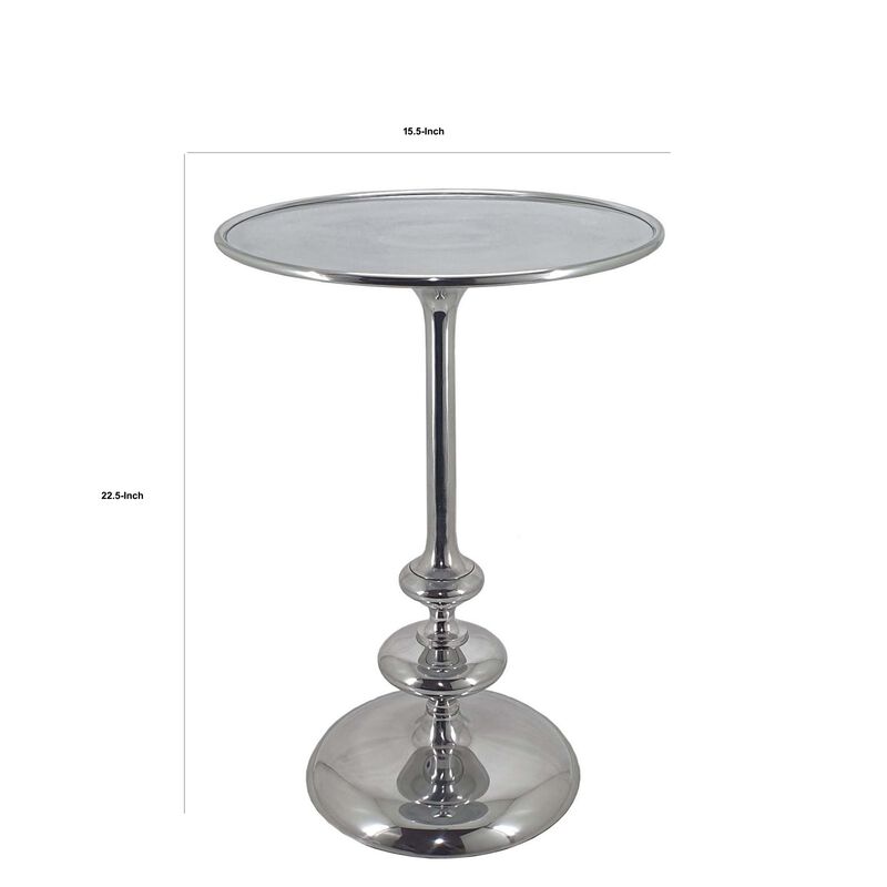23 Inch Modern Aluminum Side Table, Round Tabletop and Base, Carved, Silver