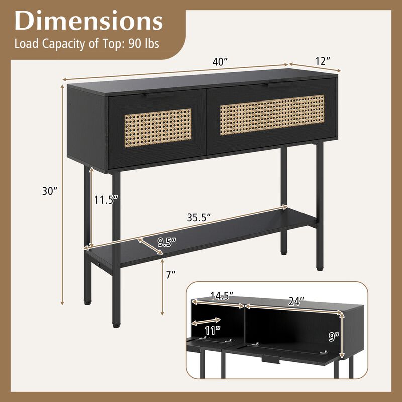 Rattan Entryway Console Table with Storage Cabinets Shelf and Metal Frame image number 2